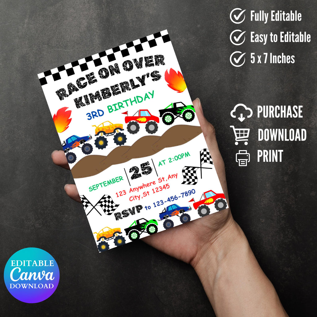 Monster Truck Birthday Invitation: Editable Canva Template, Thank You Card (Digital Download)