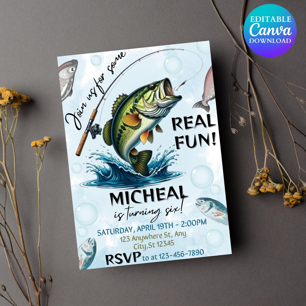 Fishing Birthday Invitation Template: Reel Fun, Editable Design (Digital Download 5x7in Canva Template)