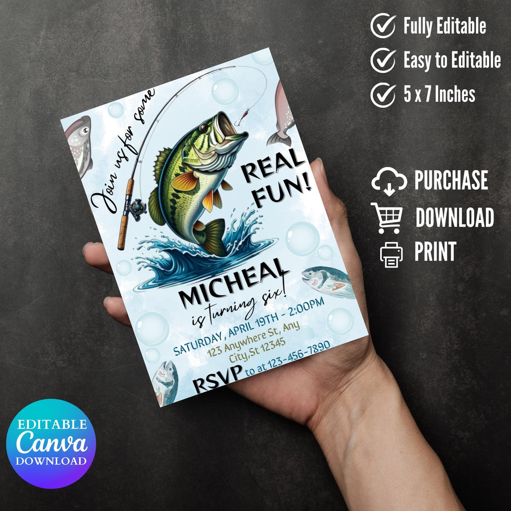Fishing Birthday Invitation Template: Reel Fun, Editable Design (Digital Download 5x7in Canva Template)