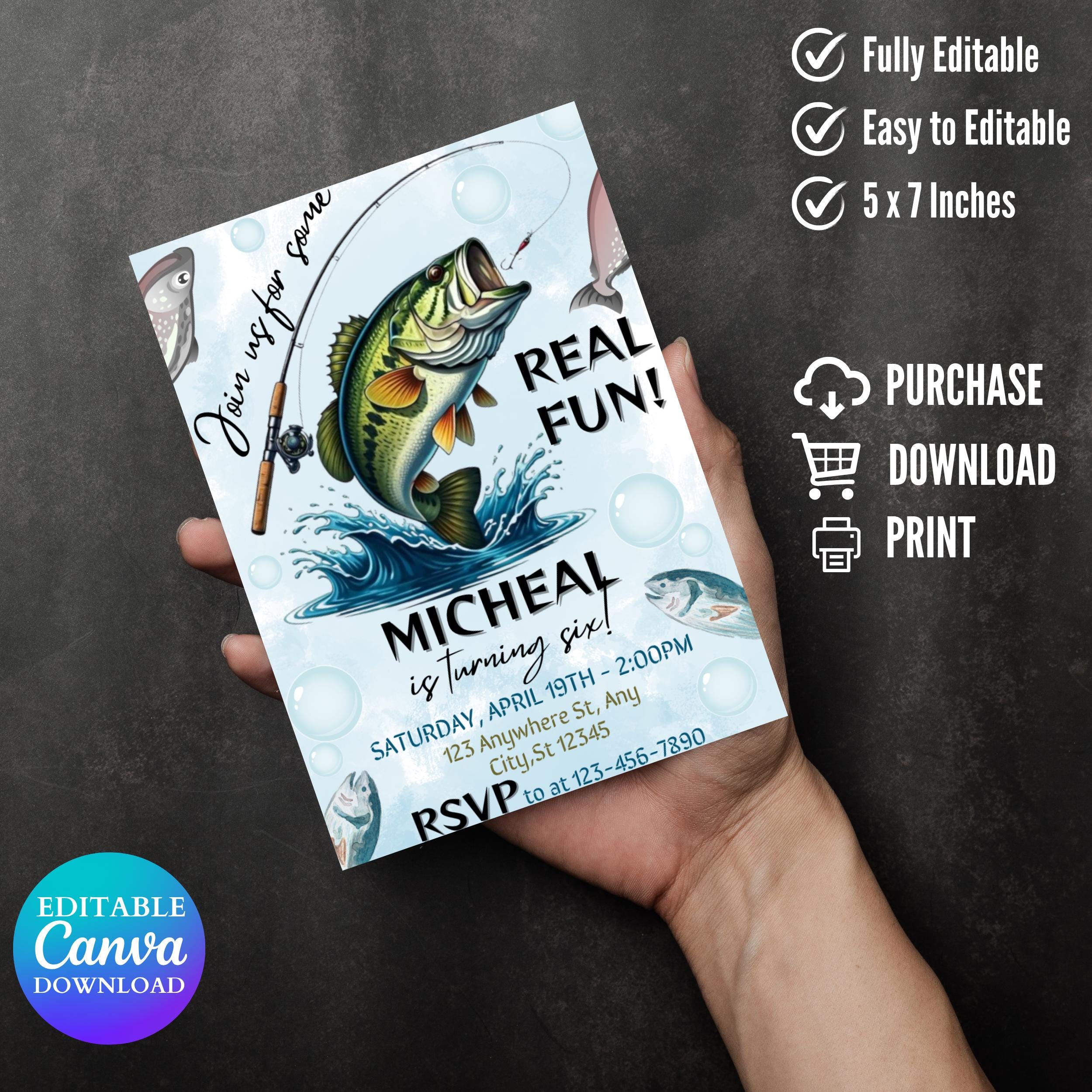 Fishing Birthday Invitation Template: Reel Fun, Editable Design (Digital Download 5x7in Canva Template)