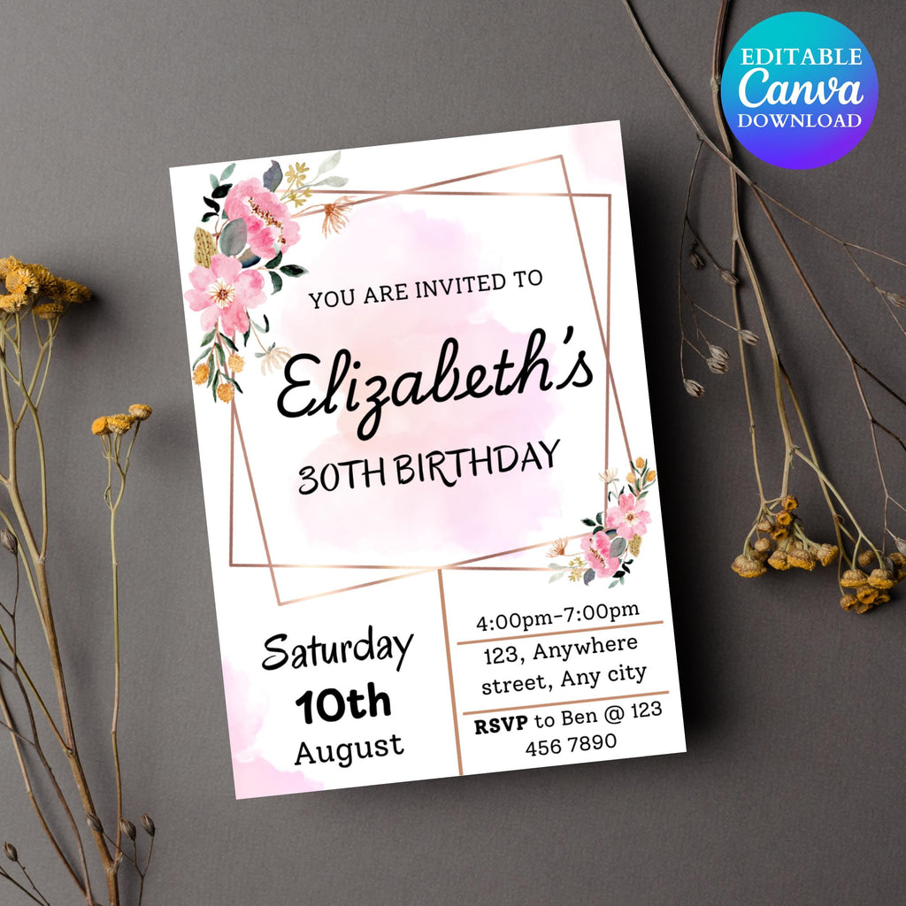 Blush Pink Floral Bridal Shower Invitation Template (Digital Download 5x7" Canva Editable)