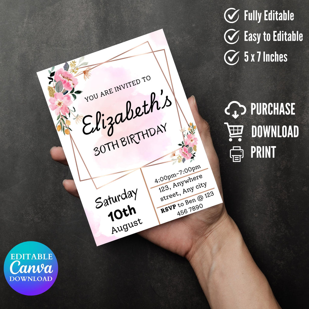 Blush Pink Floral Bridal Shower Invitation Template (Digital Download 5x7" Canva Editable)