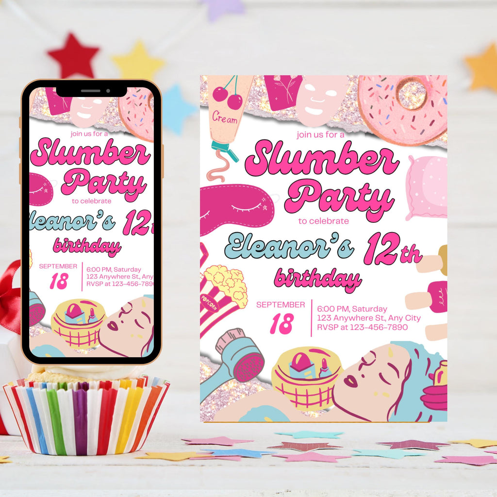 Girls Sleepover Birthday Invitation: Editable Slumber Party Invite (Digital Download)