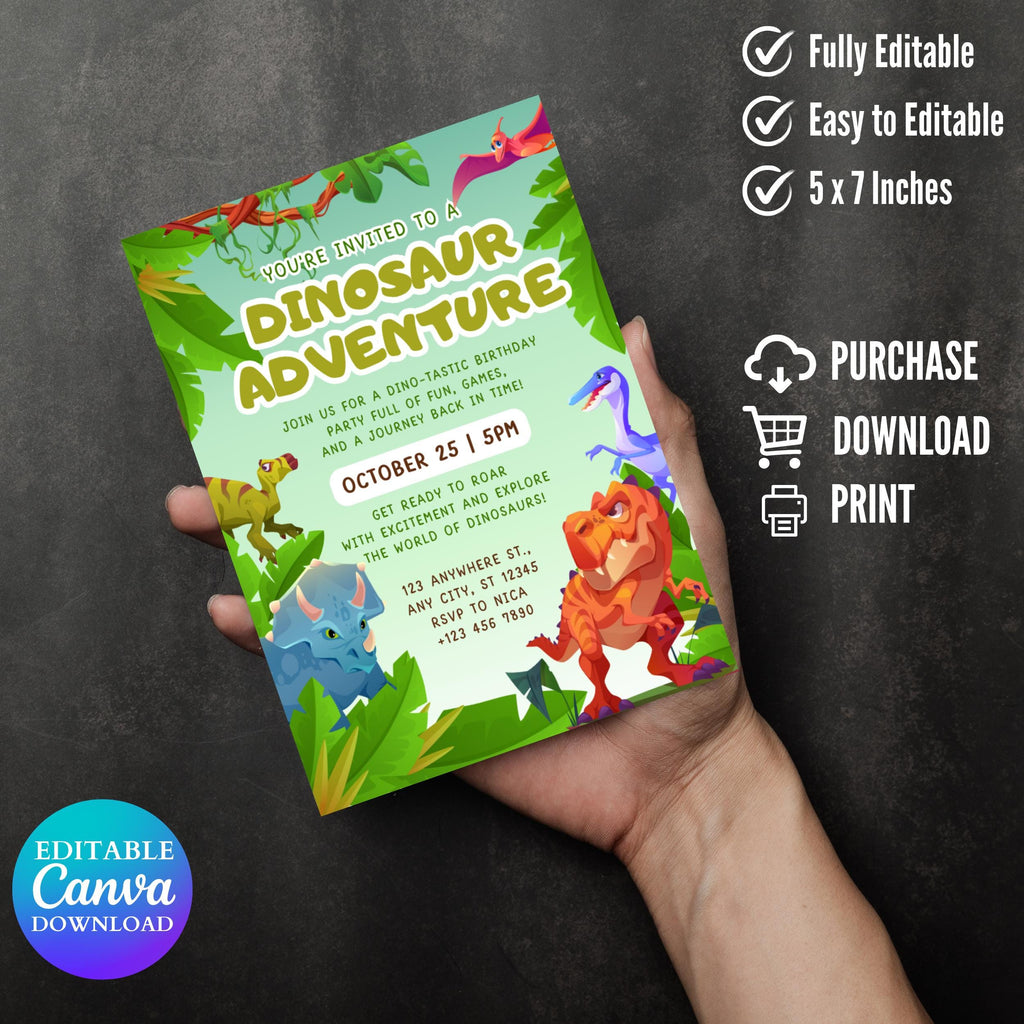 Two Rex Dinosaur 2nd Birthday Invitation: Editable Party Invite (Digital Download 5x7in Canva Template