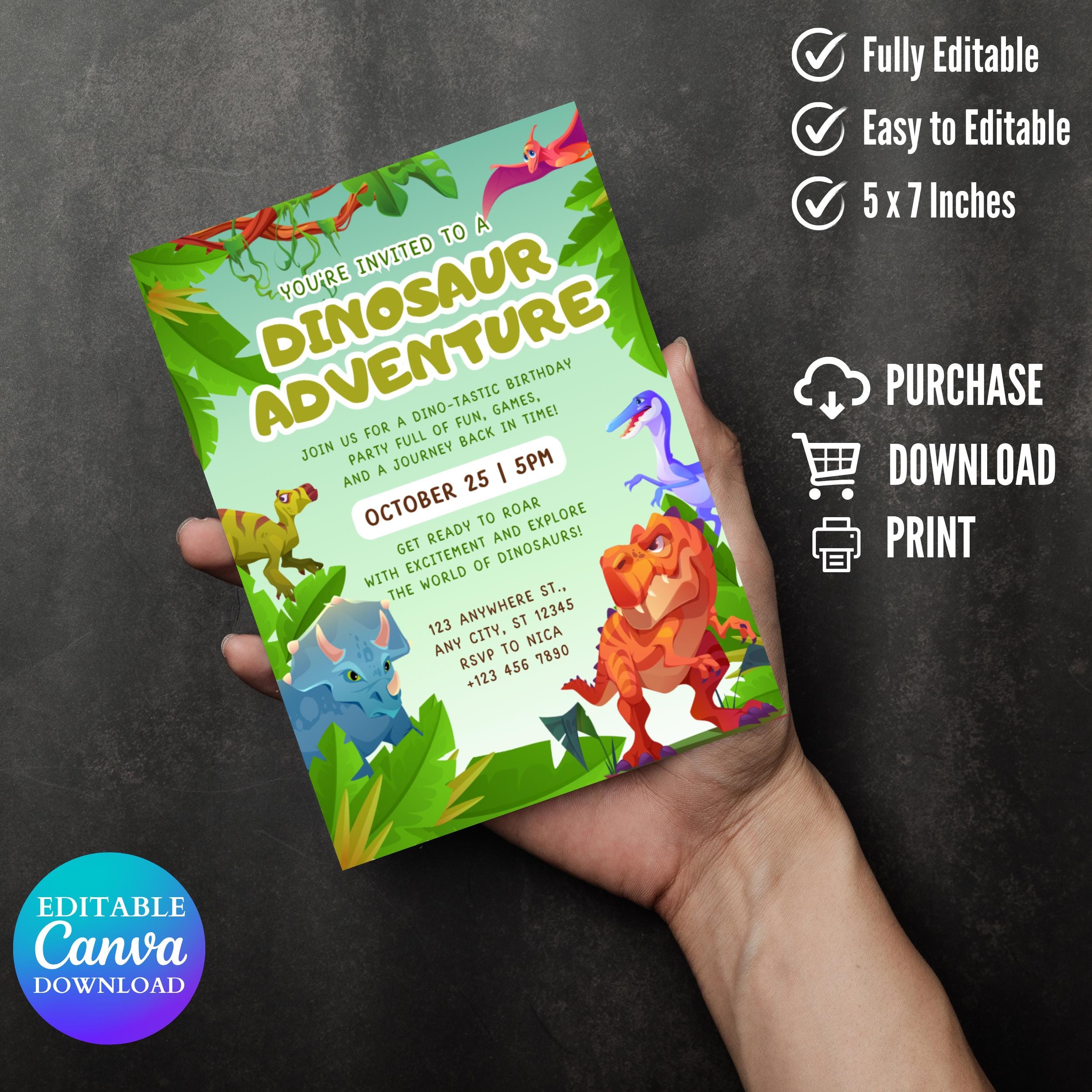 Two Rex Dinosaur 2nd Birthday Invitation: Editable Party Invite (Digital Download 5x7in Canva Template