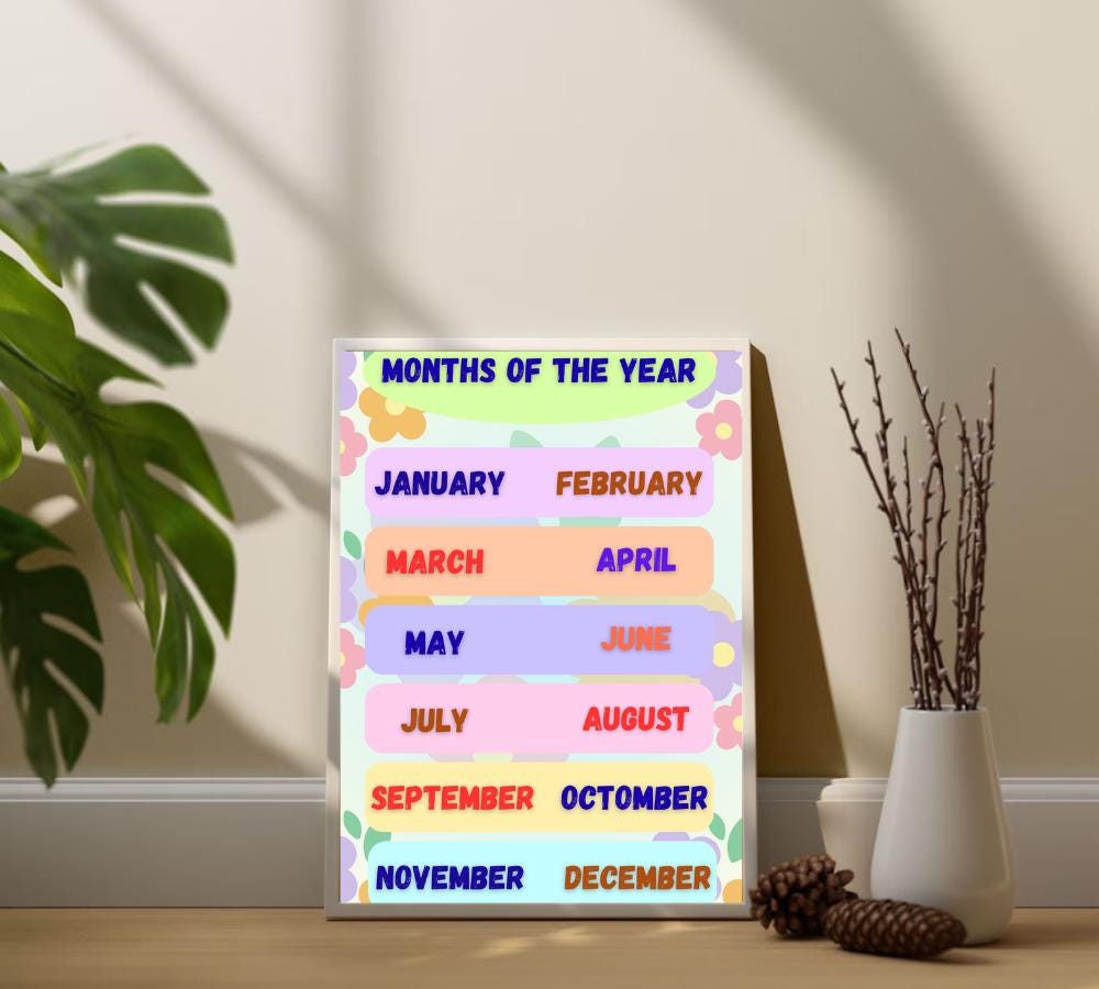 Months of the Year Chart Printable, 12 Months Poster, Classroom Charts, Homeschool Posters, Preschool Charts, Circle Time, 12 Months Chart