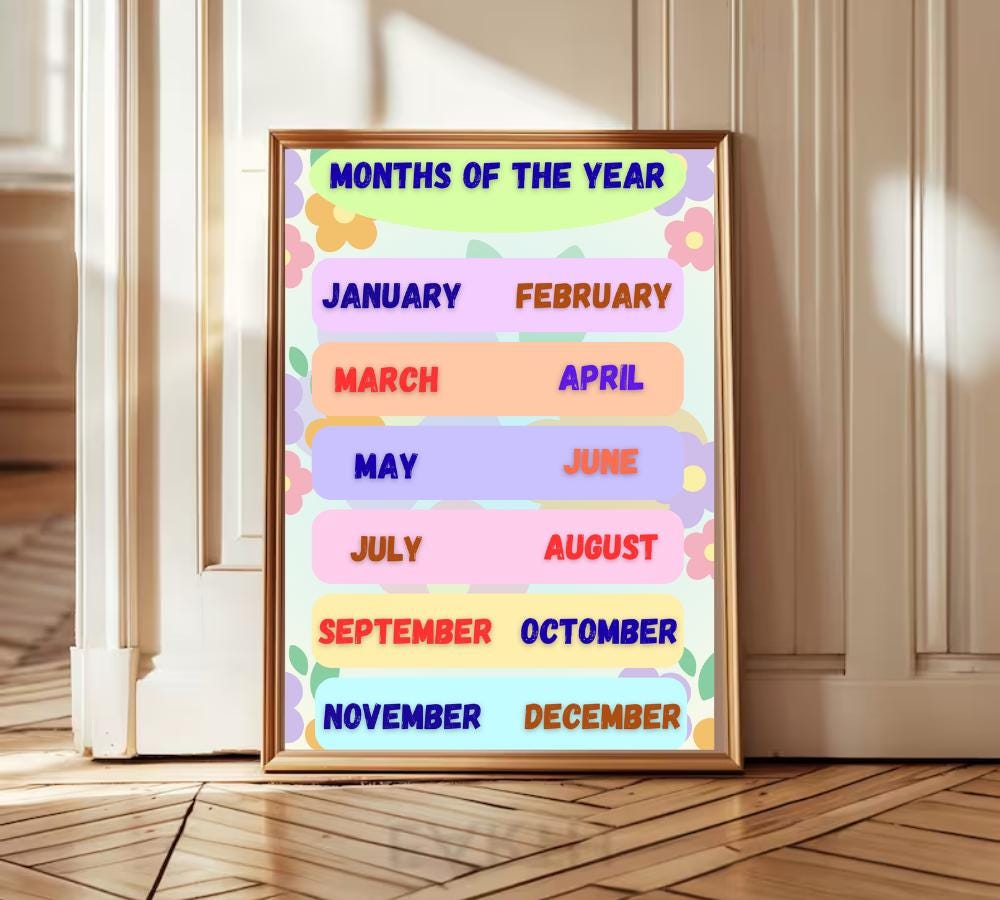 Months of the Year Chart Printable, 12 Months Poster, Classroom Charts, Homeschool Posters, Preschool Charts, Circle Time, 12 Months Chart