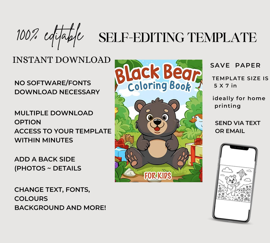 Black Bear Coloring Book: 25+ Printable Pages for Kids (PDF + PNG Instant Download)