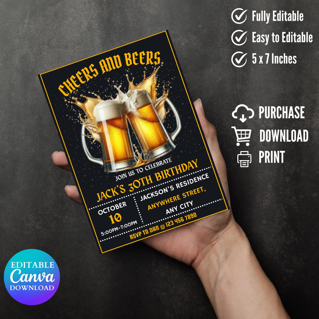 Cheers and Beers Birthday Invitation: Editable Mobile Invite (Digital Download)