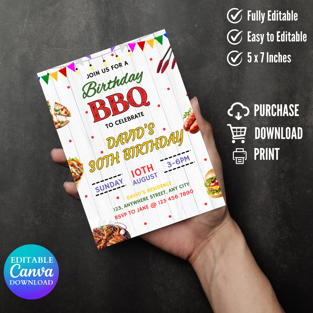 Editable BBQ Birthday Invitation Template, Barbecue Backyard Party Template, BBQ Birthday Invitation,  Barbeque Birthday Invitation card