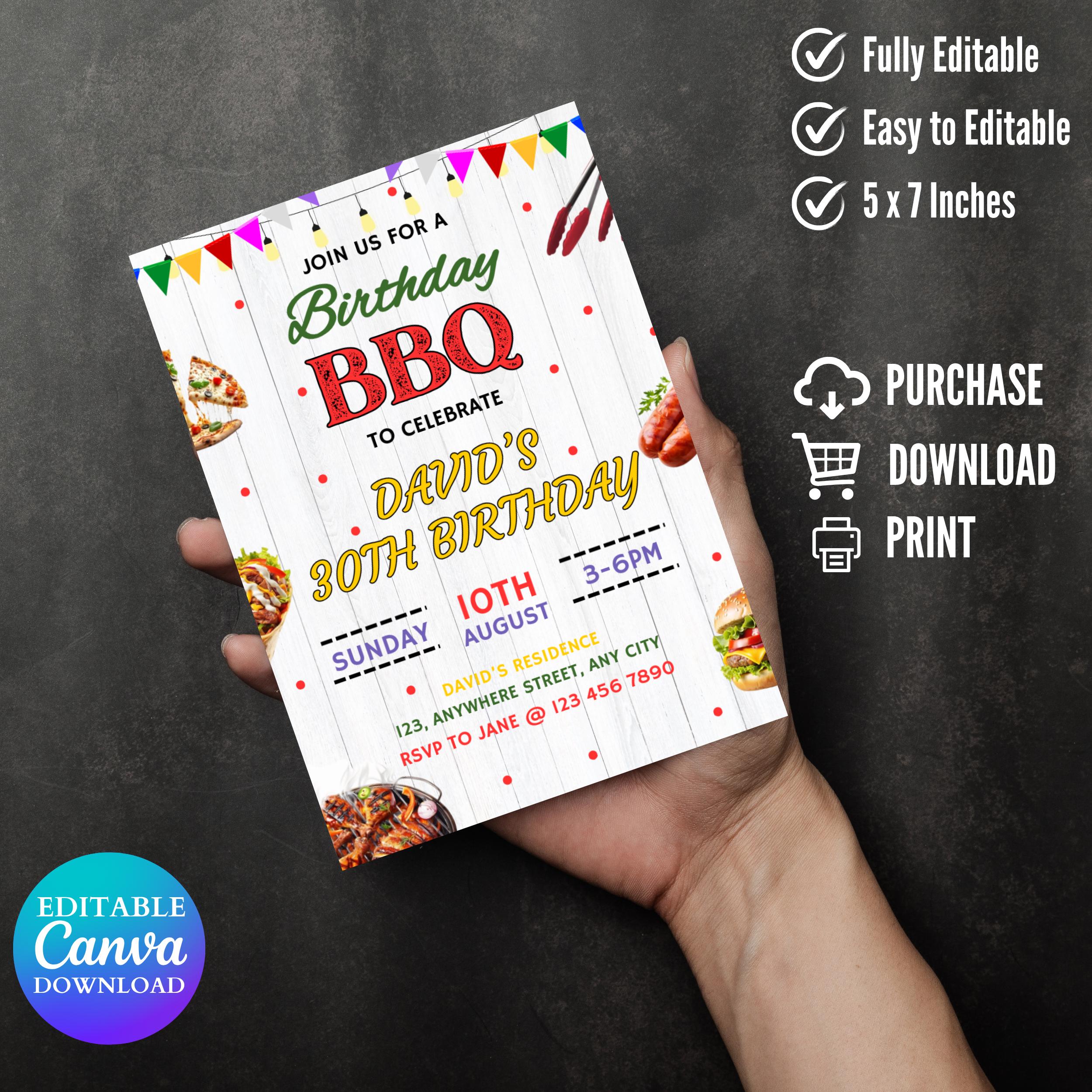 Editable BBQ Birthday Invitation Template, Barbecue Backyard Party Template, BBQ Birthday Invitation,  Barbeque Birthday Invitation card