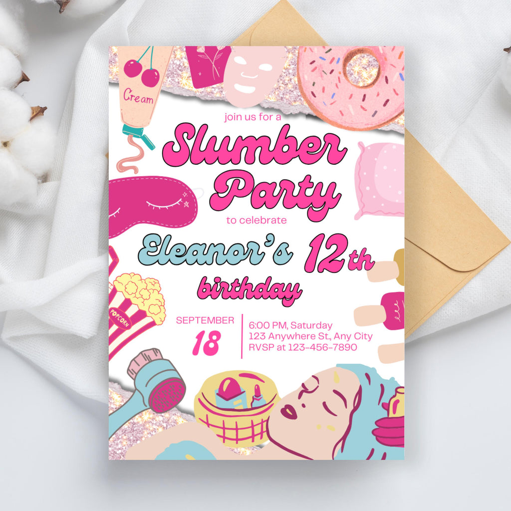Girls Sleepover Birthday Invitation: Editable Slumber Party Invite (Digital Download)