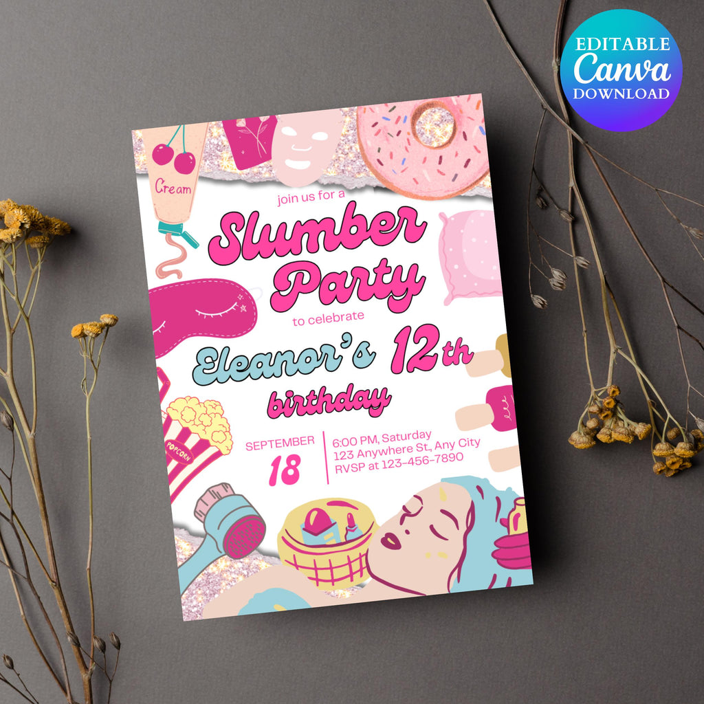 Girls Sleepover Birthday Invitation: Editable Slumber Party Invite (Digital Download)
