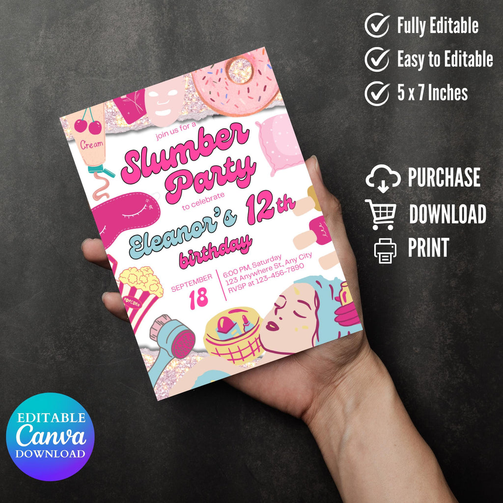 Girls Sleepover Birthday Invitation: Editable Slumber Party Invite (Digital Download)