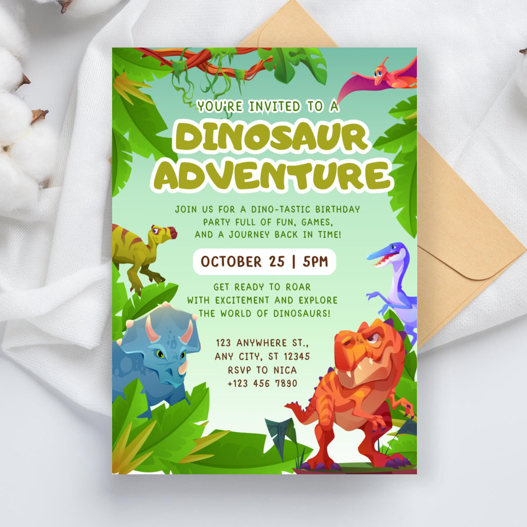 Two Rex Dinosaur 2nd Birthday Invitation: Editable Party Invite (Digital Download 5x7in Canva Template