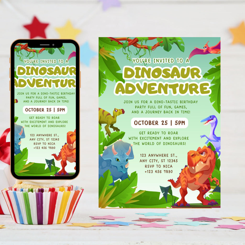 Two Rex Dinosaur 2nd Birthday Invitation: Editable Party Invite (Digital Download 5x7in Canva Template