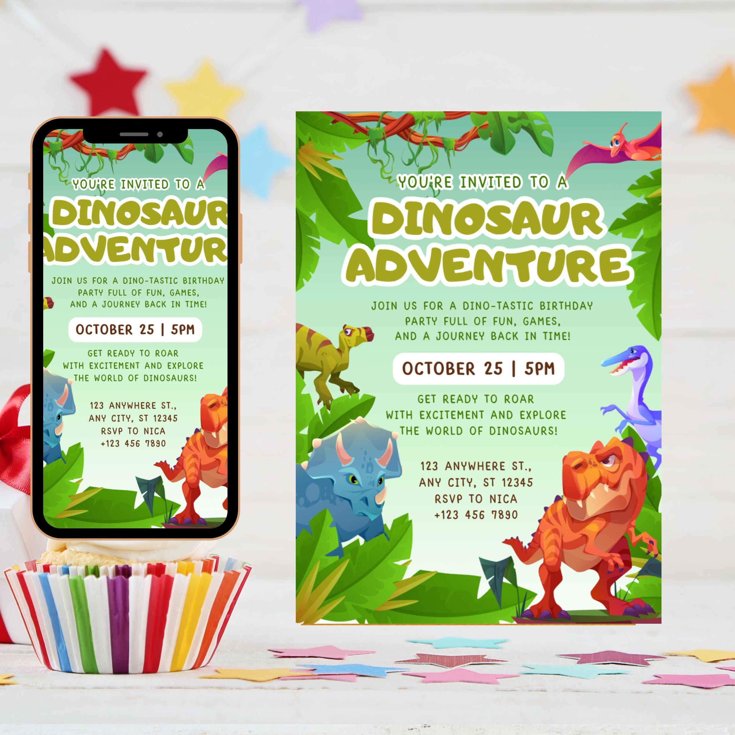 Two Rex Dinosaur 2nd Birthday Invitation: Editable Party Invite (Digital Download 5x7in Canva Template