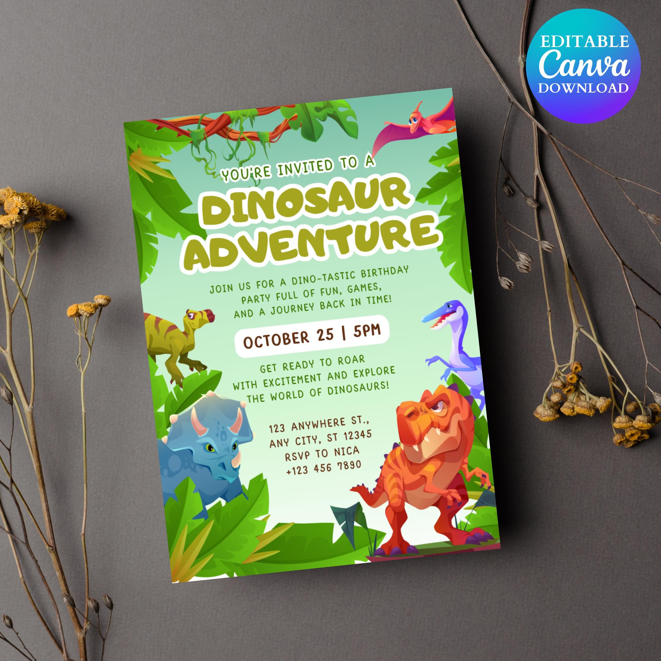 Two Rex Dinosaur 2nd Birthday Invitation: Editable Party Invite (Digital Download 5x7in Canva Template