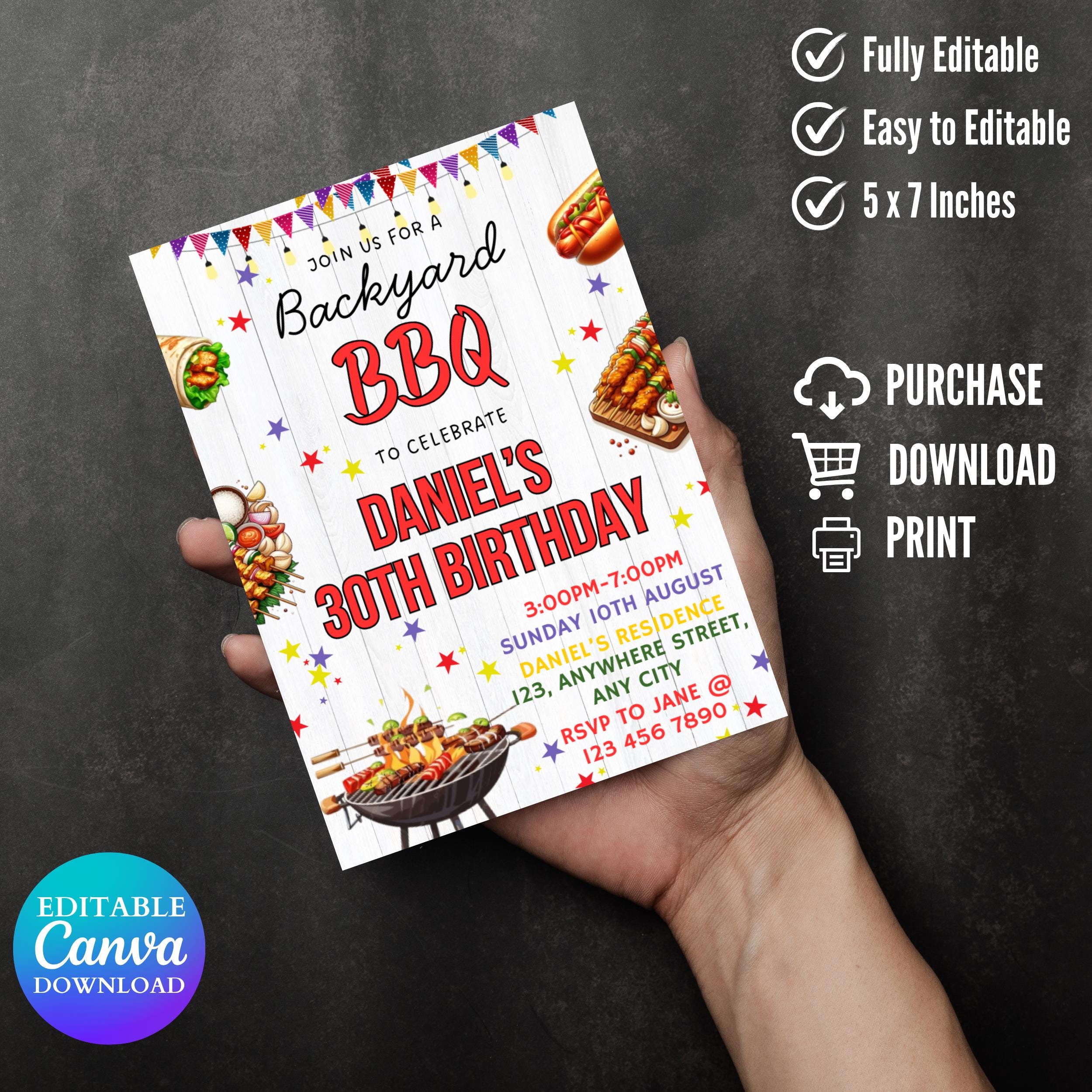 Backyard BBQ Birthday Invitation: Editable Canva Template (5x7 inches)