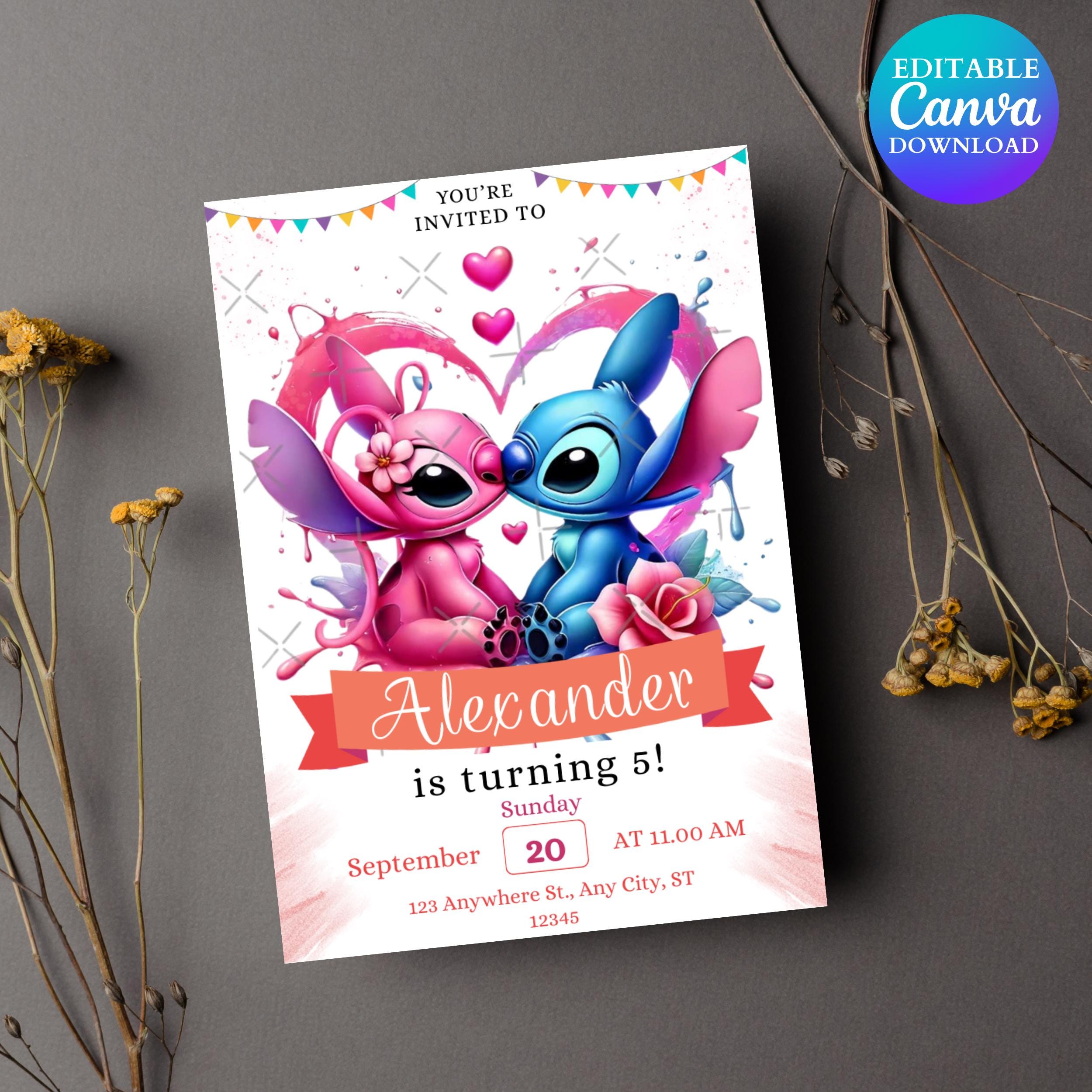 Stitch and Angel Birthday Invitation: Editable Party Invite (5x7 inches, Digital Download)