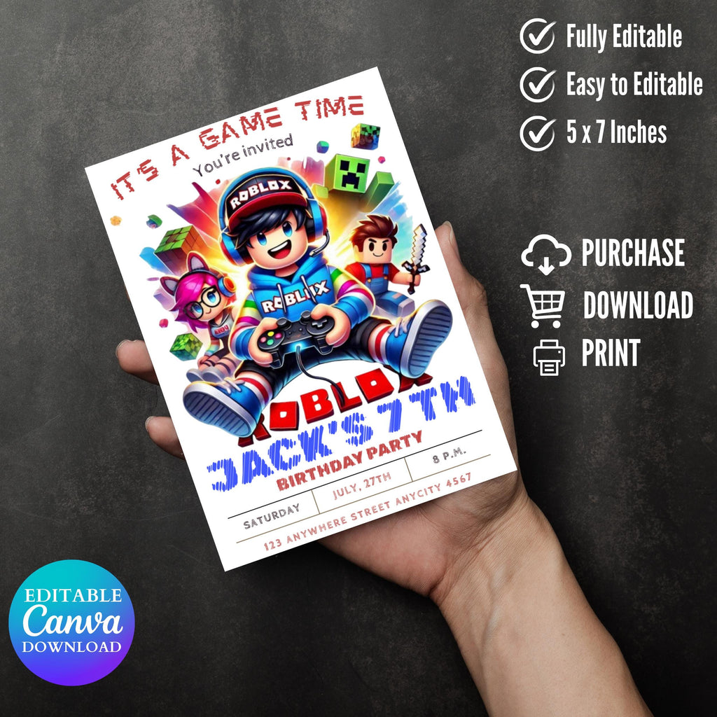 Roblox Birthday Invitation Template: Kids Game Party Invite, Game Birthday, Roblox Boy Birthday, Editable Template Invitation, Kids Invite, Roblox Party, Roblox, Party