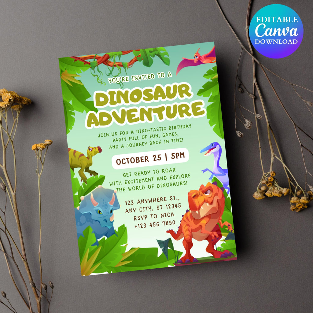Three Rex Birthday Invitation: Editable Dino Party Invite (5x7 Digital Download Canva Template)