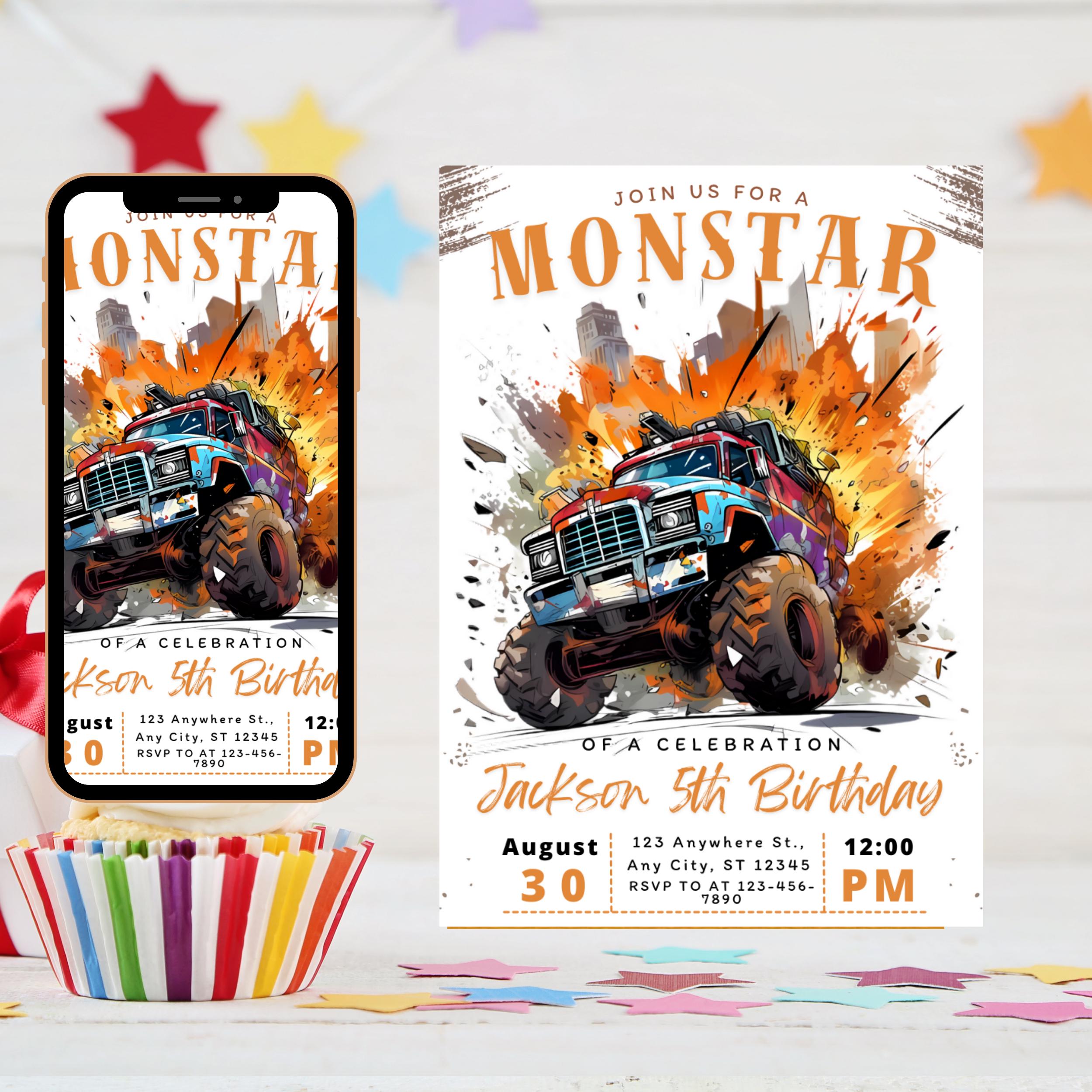Monster Truck Birthday Invitation: Editable Party Invite, Thank You Tags (Digital Download)