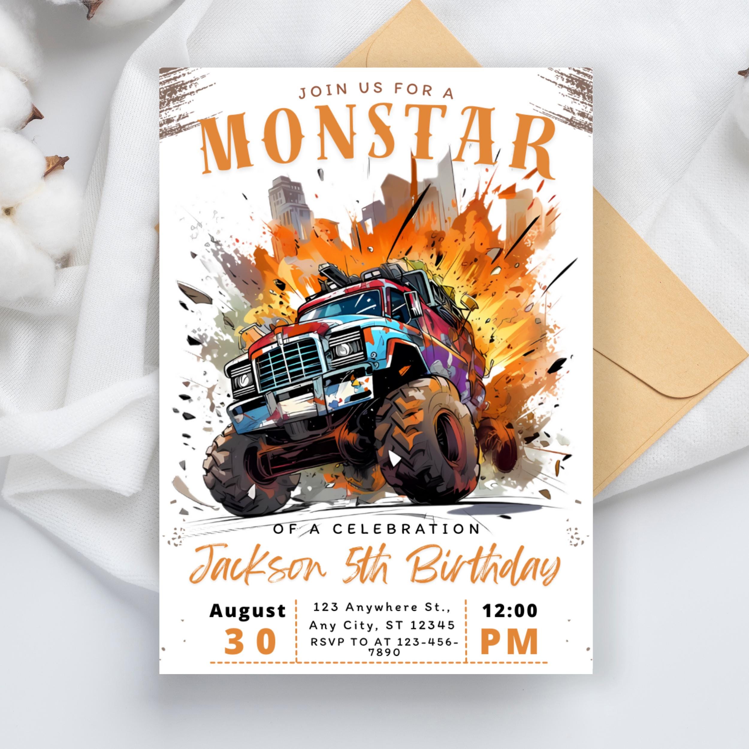 Monster Truck Birthday Invitation: Editable Party Invite, Thank You Tags (Digital Download)