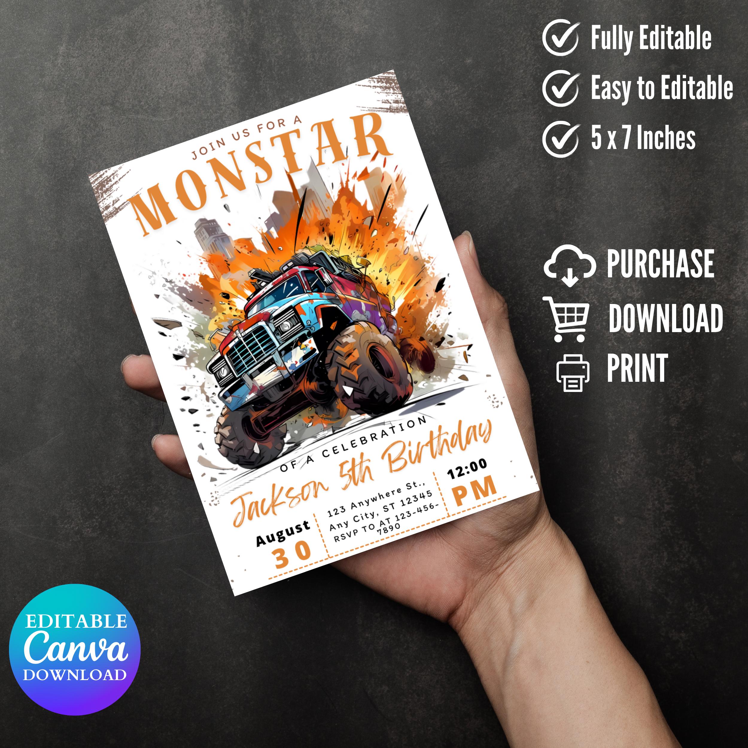 Monster Truck Birthday Invitation: Editable Party Invite, Thank You Tags (Digital Download)