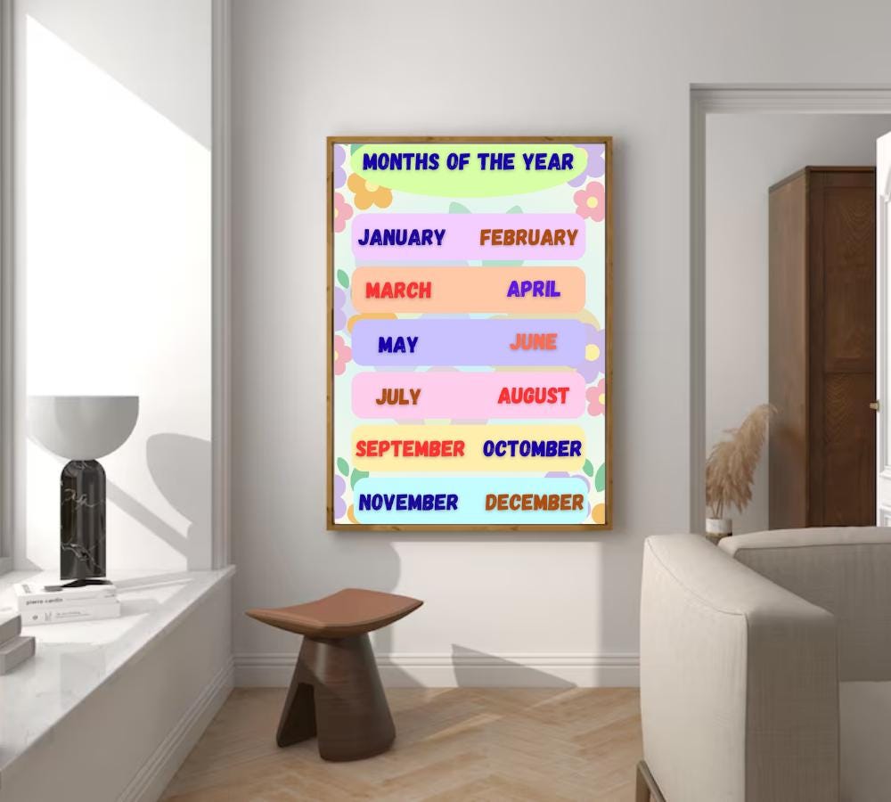 Months of the Year Chart Printable, 12 Months Poster, Classroom Charts, Homeschool Posters, Preschool Charts, Circle Time, 12 Months Chart