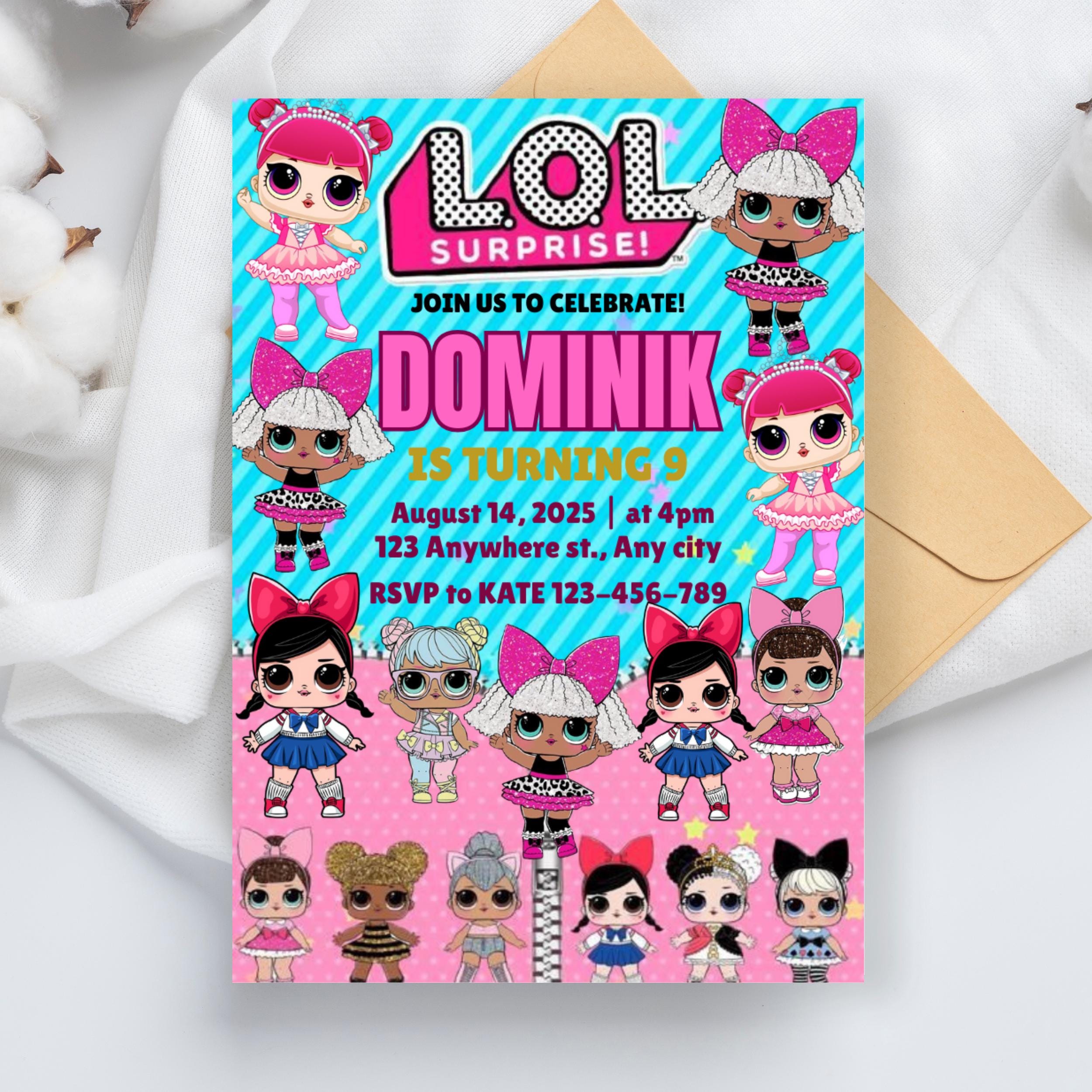 Pink Doll Birthday Invitation: Editable Canva Template (5x7 in, Digital Download