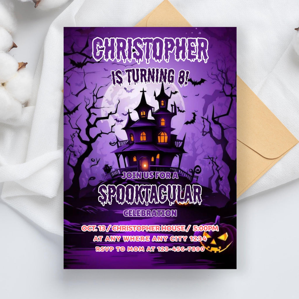 Retro Skateboard Ghost Halloween Birthday Invitation (Digital Invite, 5x7 in Canva Template )