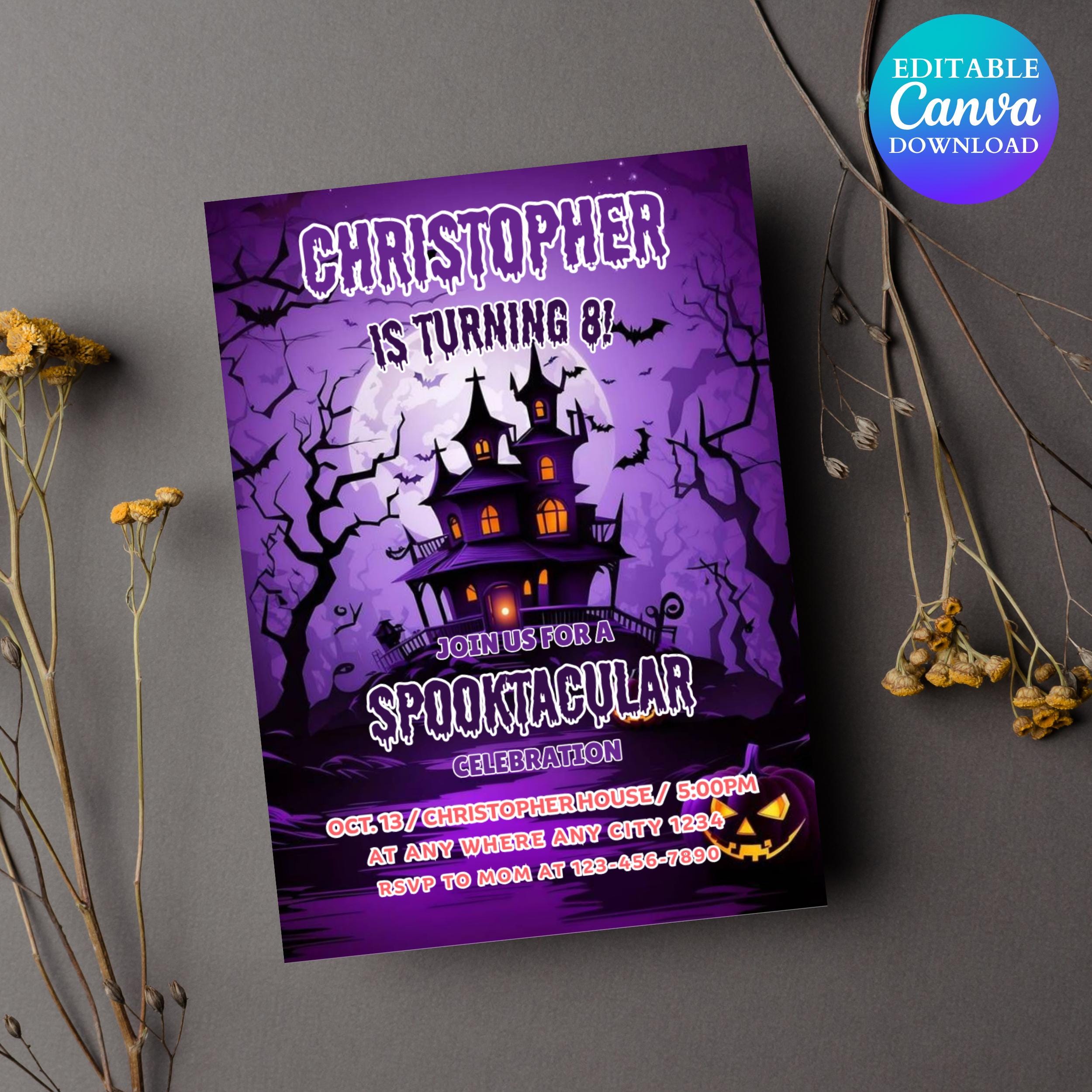 Retro Skateboard Ghost Halloween Birthday Invitation (Digital Invite, 5x7 in Canva Template )