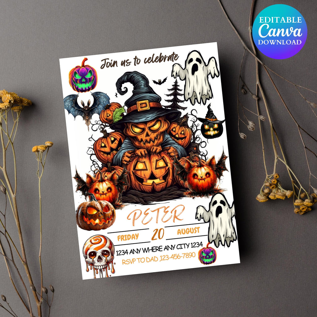 Monster Halloween Birthday Invitation: Editable Canva Template (Digital Download 5x7" PDF/JPG Options)