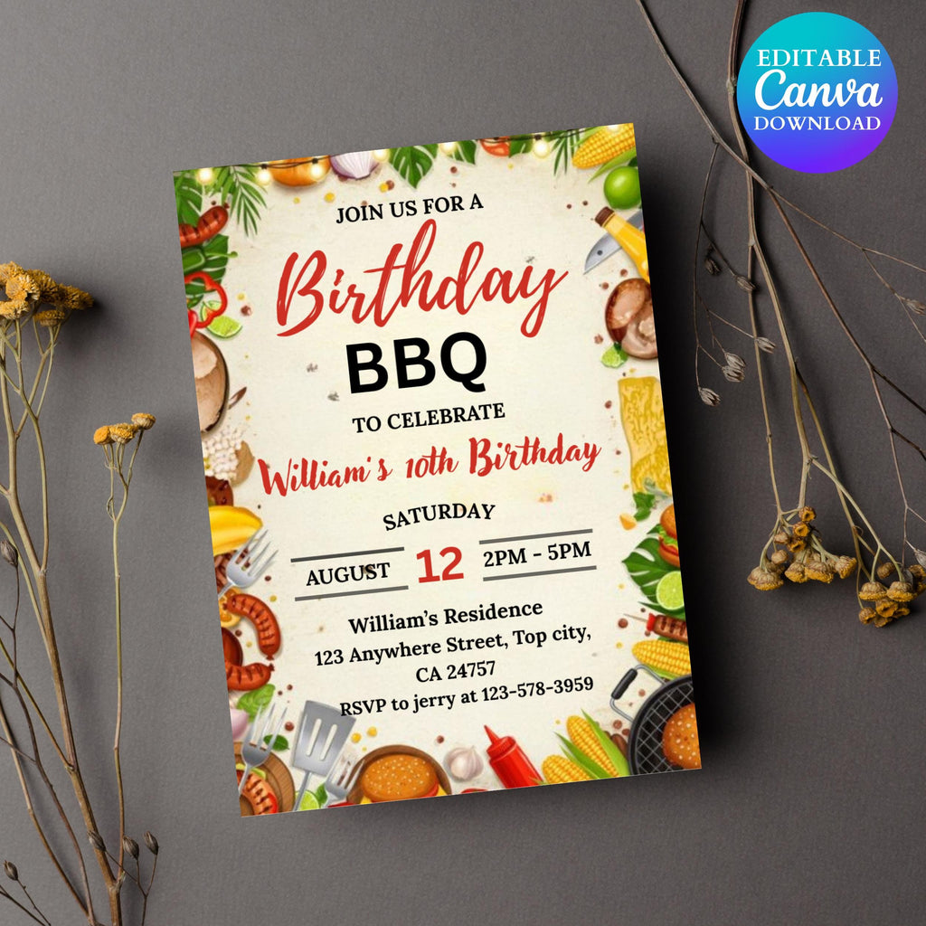 BBQ Birthday Invitation Template: Grill & Chill Party (Digital Download, 5x7")