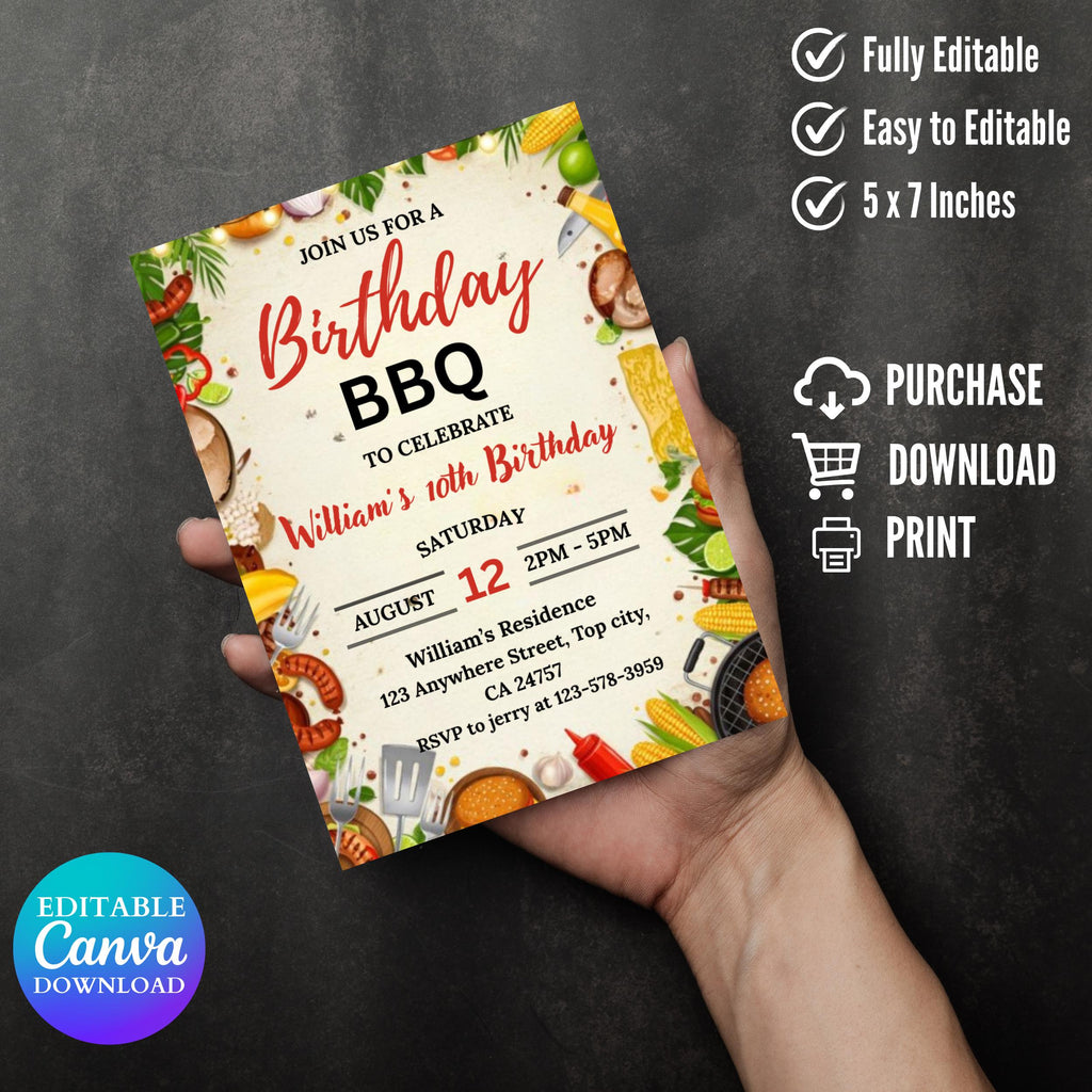BBQ Birthday Invitation Template: Grill & Chill Party (Digital Download, 5x7")