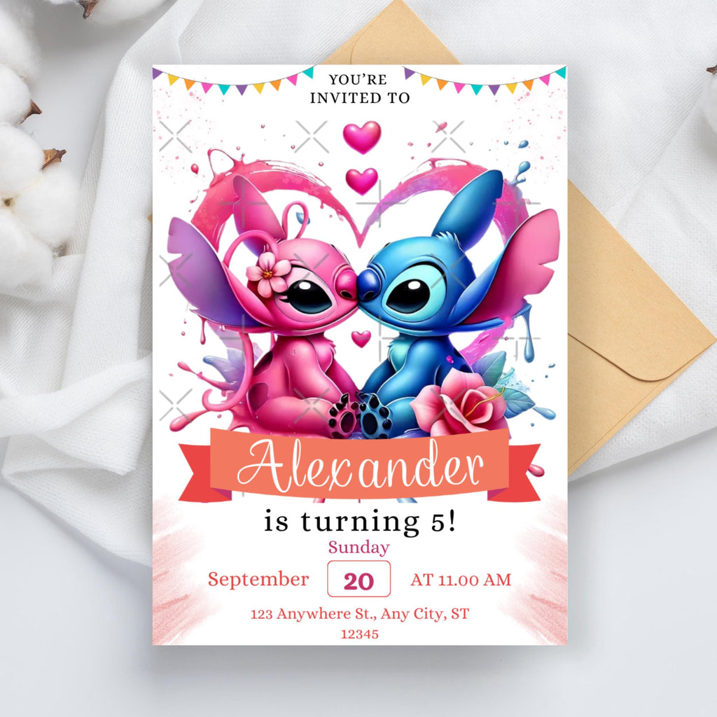 Stitch and Angel Birthday Invitation: Editable Party Invite (5x7 inches, Digital Download)
