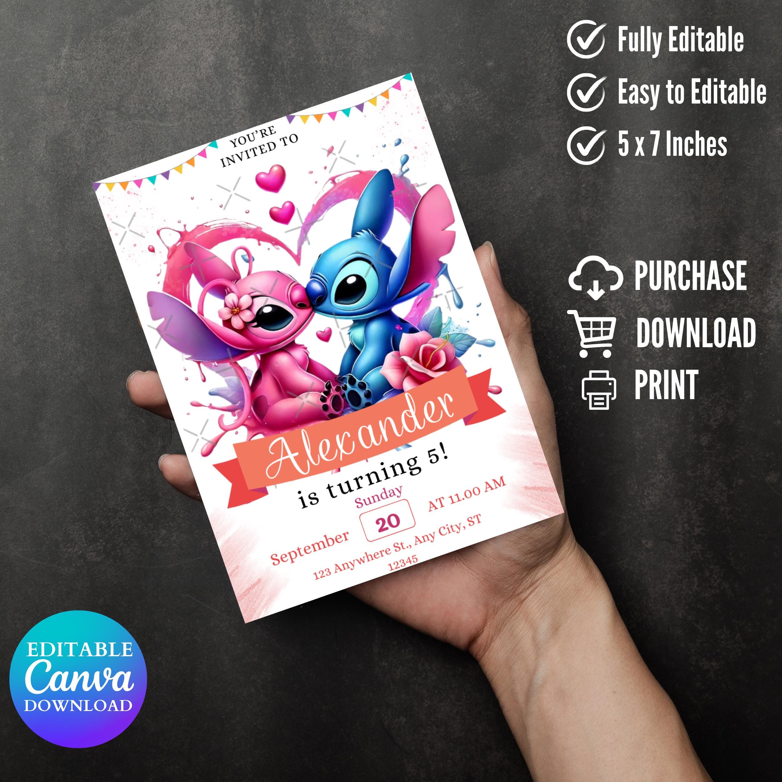 Stitch and Angel Birthday Invitation: Editable Party Invite (5x7 inches, Digital Download)