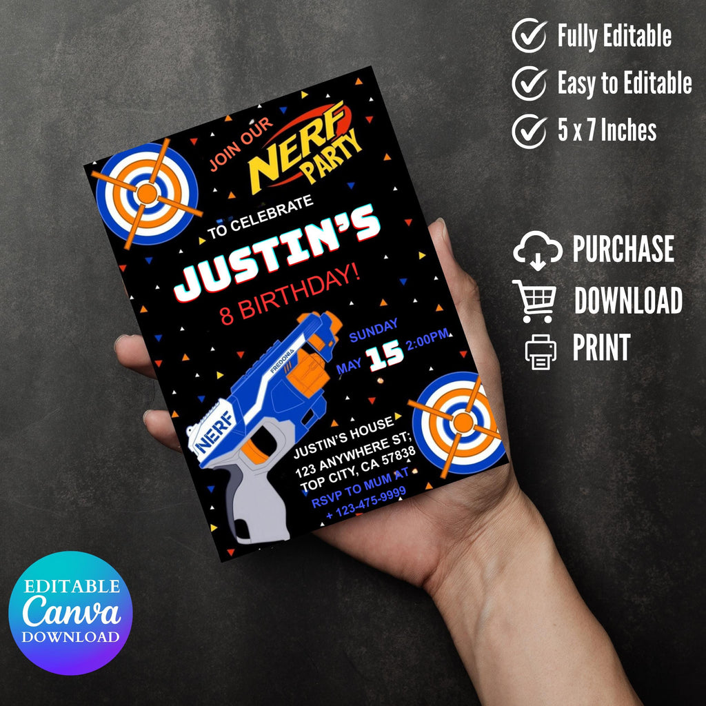 Dart Gun Birthday Invitation Template, Dart Gun Party, Dart Boy Birthday Party Invite, Nerf Party Invitation, Boy Invitation, Dart Gun  card
