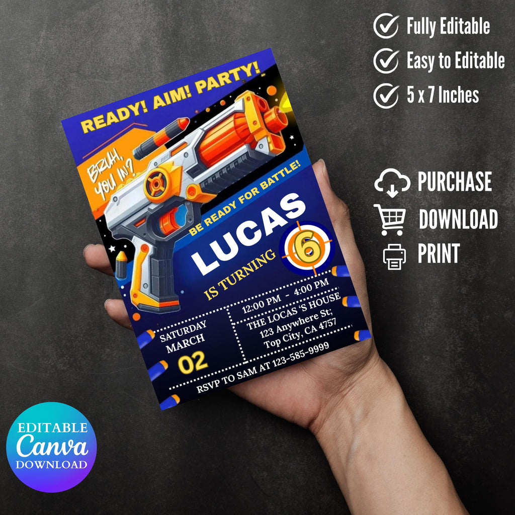Dart Gun Birthday Invitation Template, Dart Gun Birthday Invitation, Dart Gun Party, Dart Boy Birthday Party Invite, Nerf Party Invitation