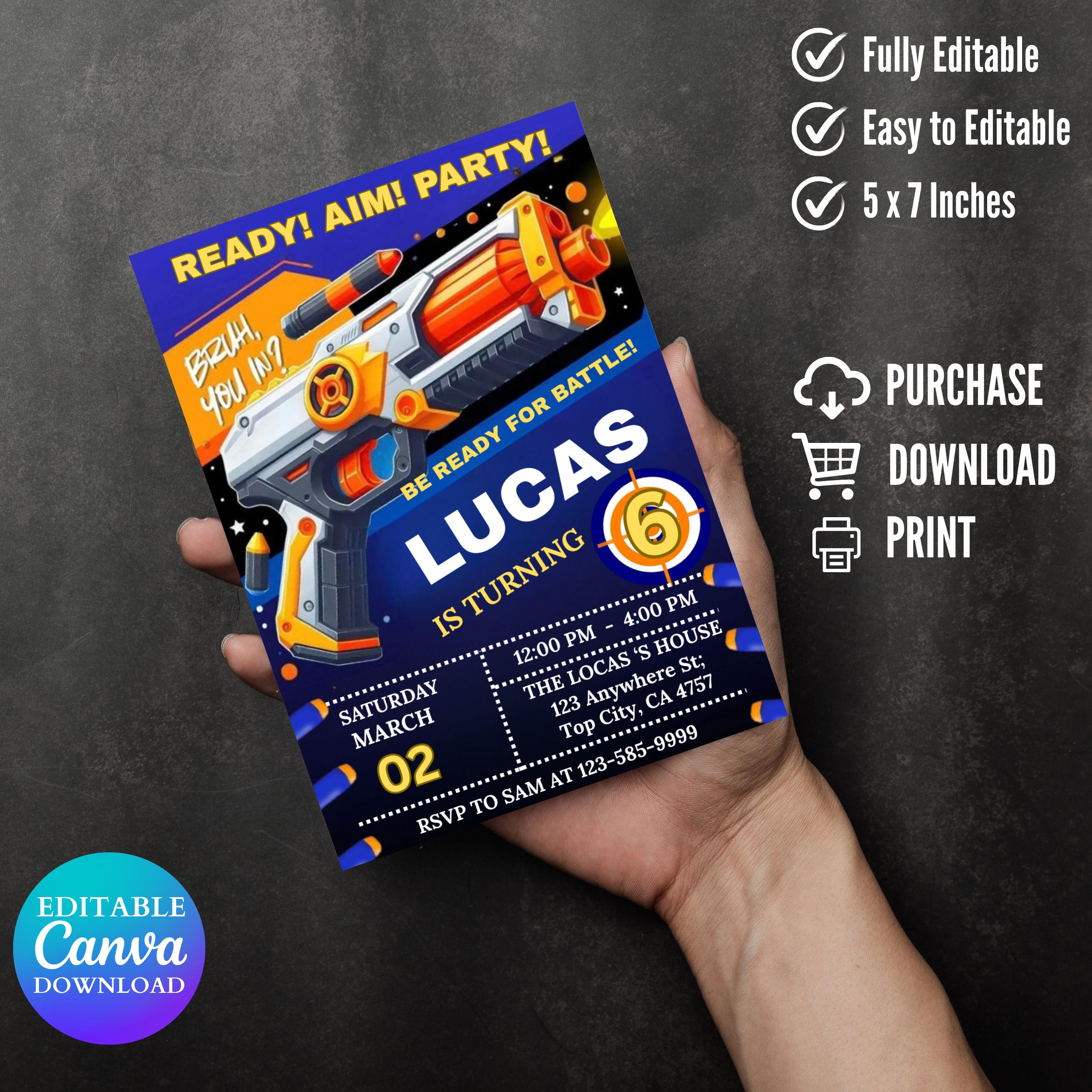 Dart Gun Birthday Invitation Template, Dart Gun Birthday Invitation, Dart Gun Party, Dart Boy Birthday Party Invite, Nerf Party Invitation