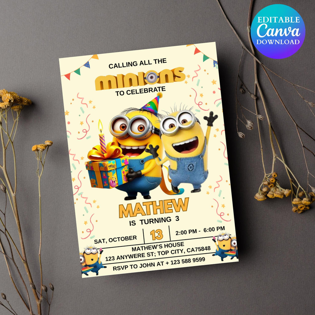 Editable Minion Birthday Invitation: Printable Kids Party Evite (5x7 inches)