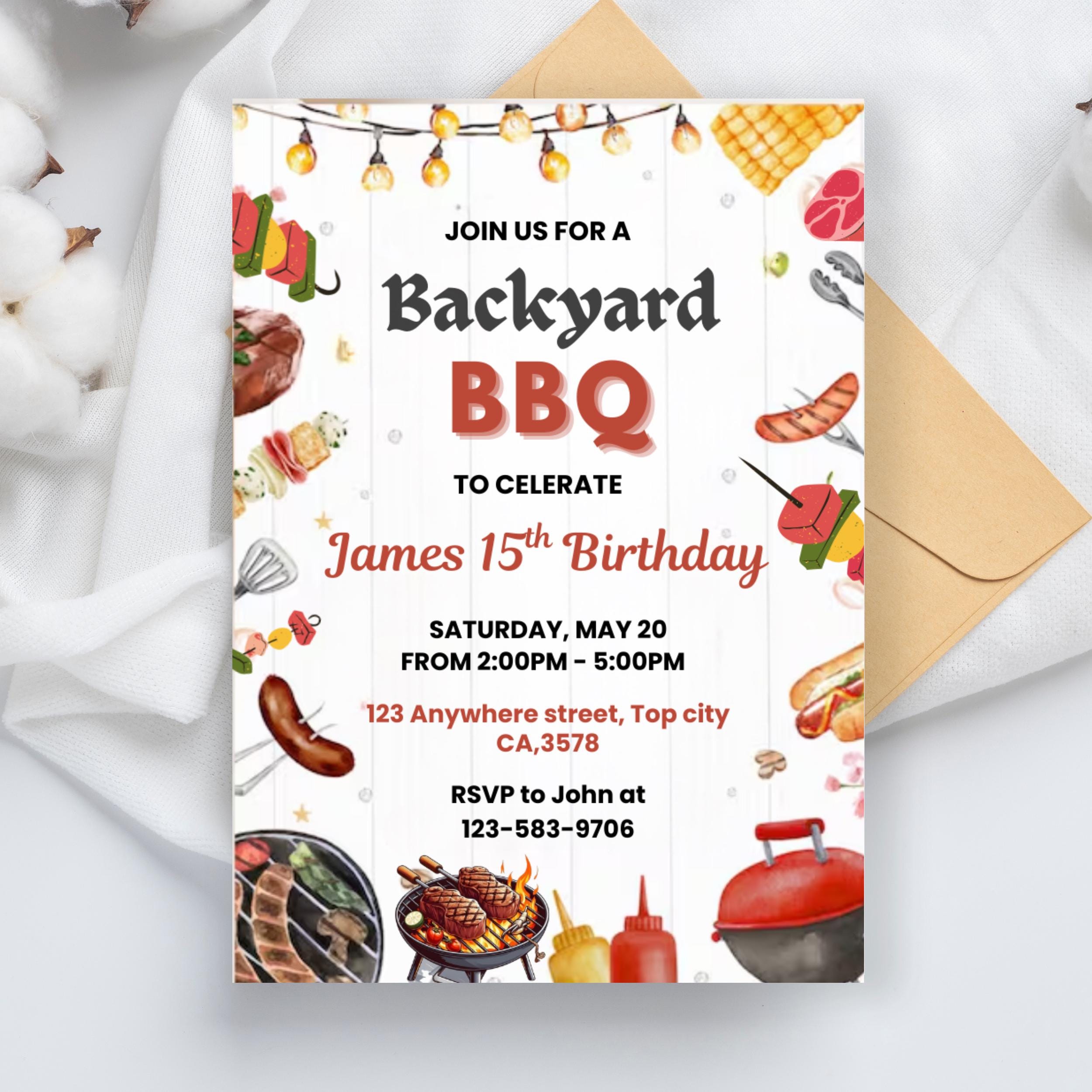 Red Gingham BBQ Birthday Invitation: Editable Backyard Party Template (Digital Download