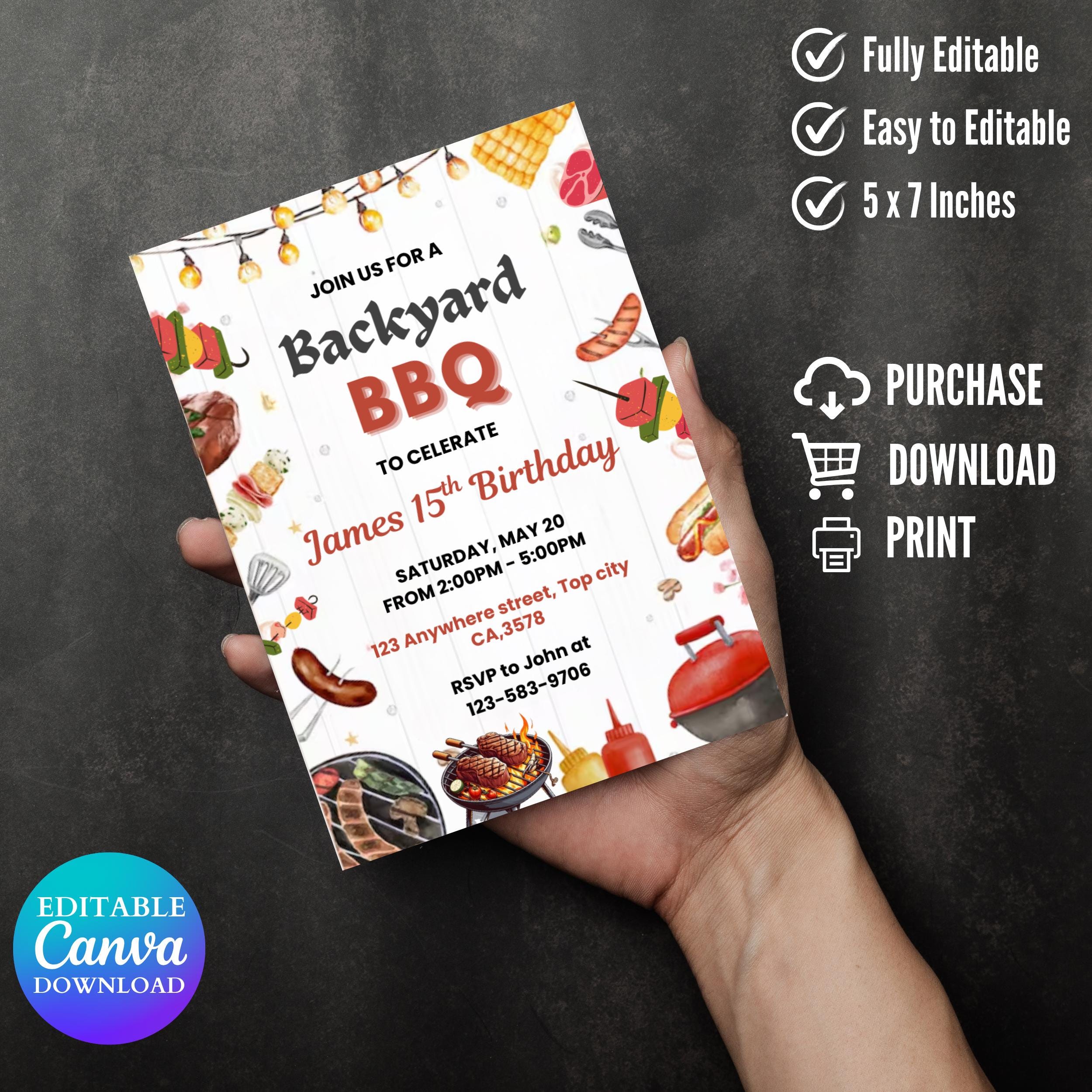 Red Gingham BBQ Birthday Invitation: Editable Backyard Party Template (Digital Download