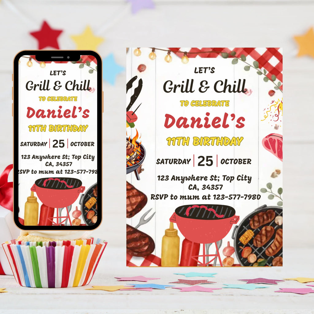 Editable Bbq Birthday Invitation Template, Editable Grill and Chill Party Canva Template, Barbecue Red Gingham Backyard Party Template