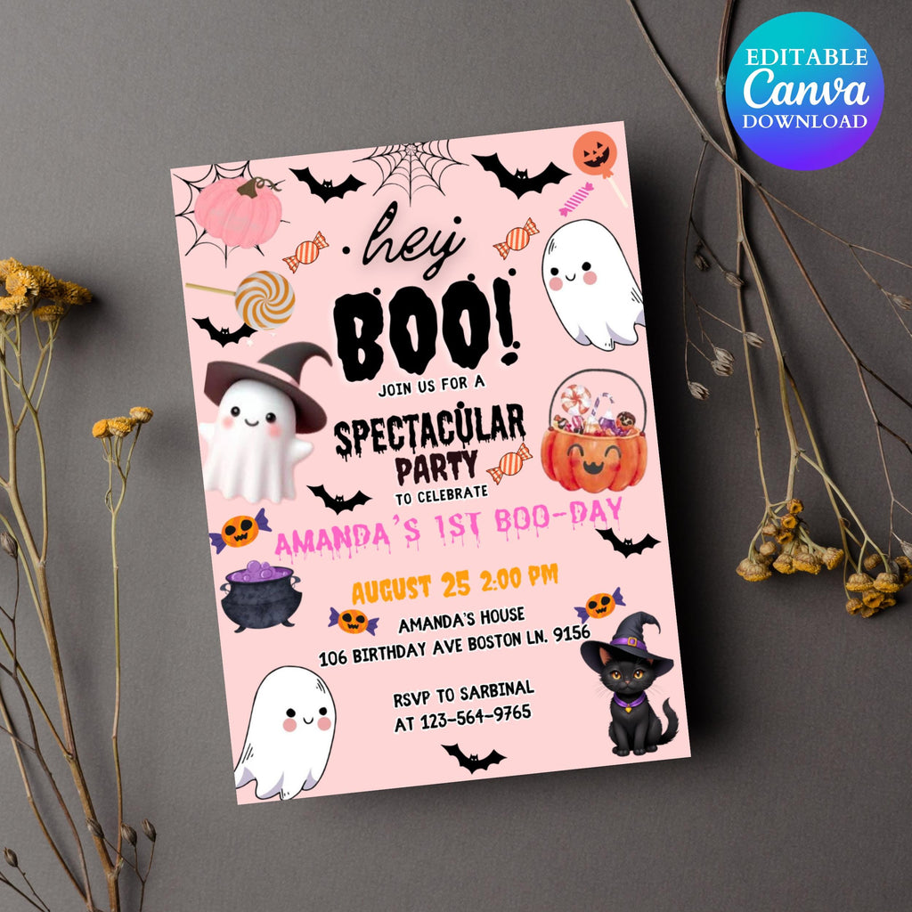 Editable Halloween Birthday Invitation: Spooky Ghost Party (5x7 inches, Canva Template Digital Download