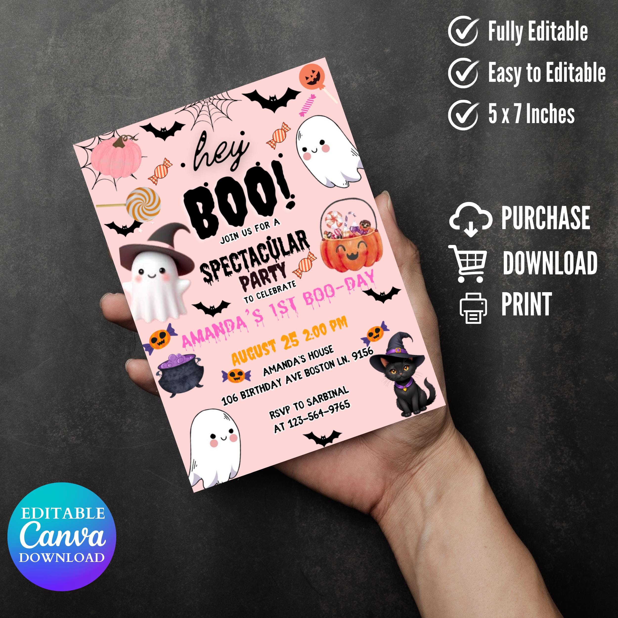 Editable Halloween Birthday Invitation: Spooky Ghost Party (5x7 inches, Canva Template Digital Download