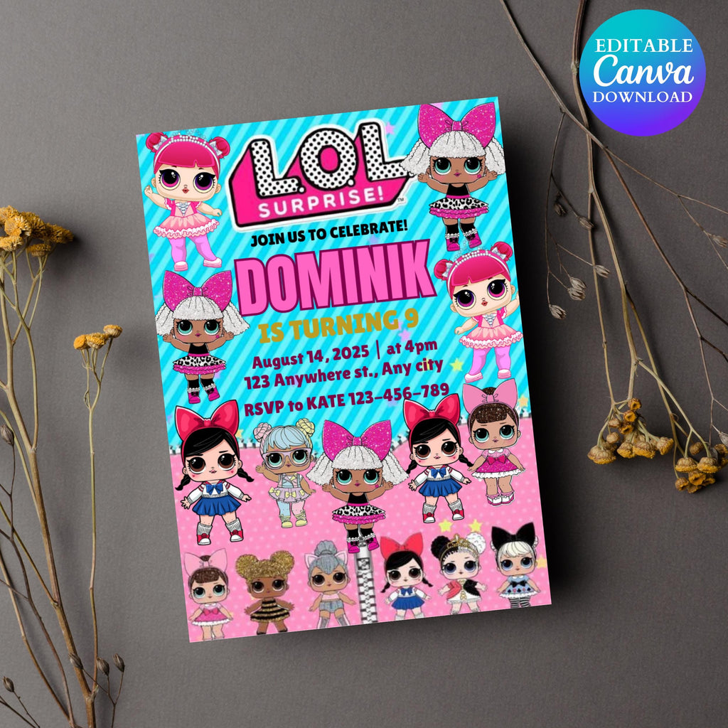 Pink Doll Birthday Invitation: Editable Canva Template (5x7 in, Digital Download