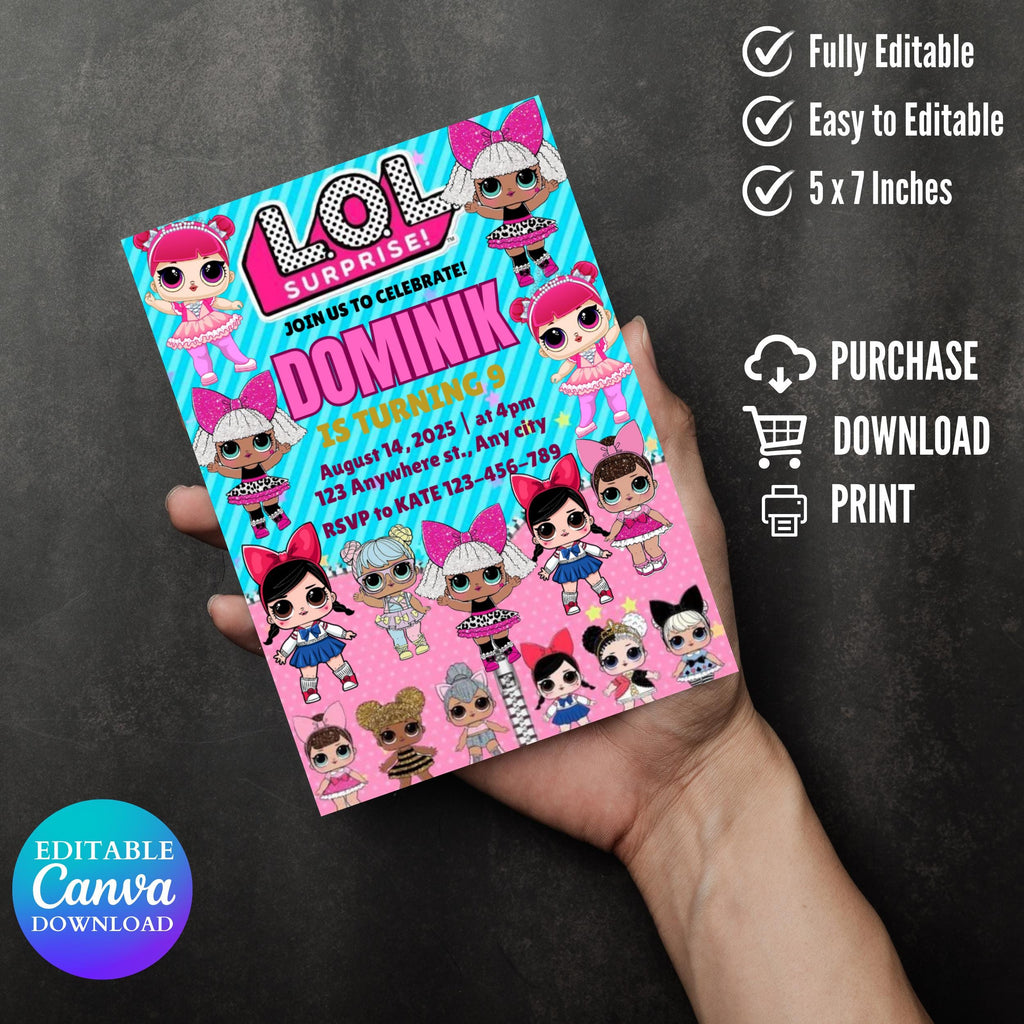 Pink Doll Birthday Invitation: Editable Canva Template (5x7 in, Digital Download