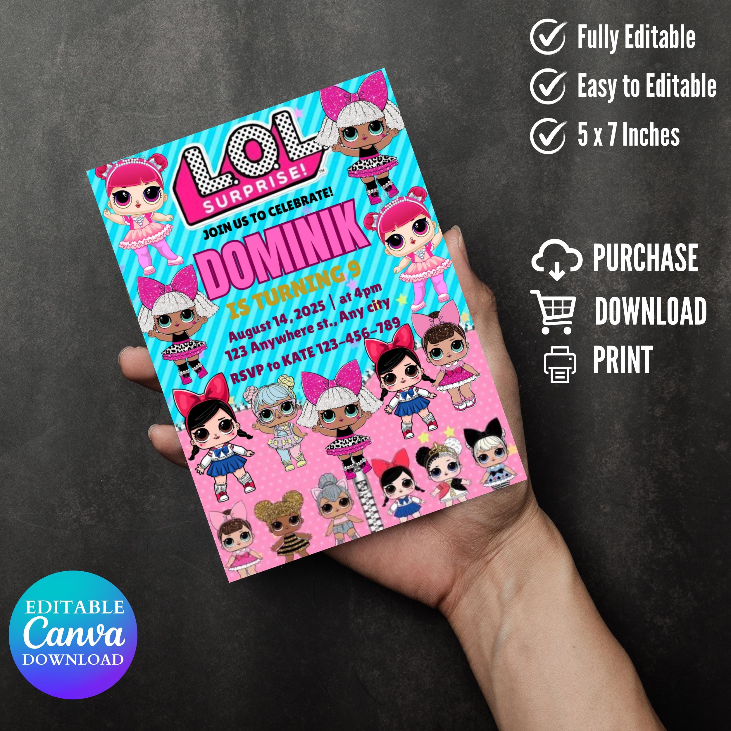 Pink Doll Birthday Invitation: Editable Canva Template (5x7 in, Digital Download
